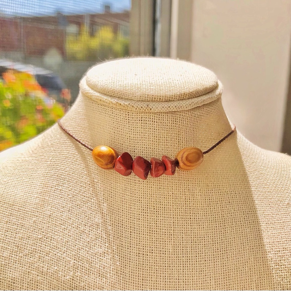 Red Jasper Chips x Wooden Beads (Dark Brown) Necklace/Choker